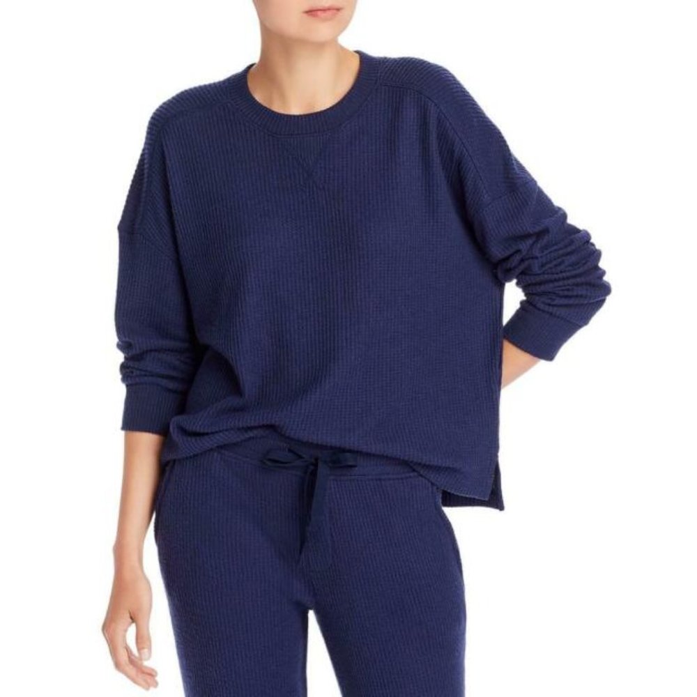 ATM Waffle Knit Pullover Top XS Midnight Blue Crew